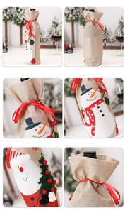Linen Christmas wine bottle covers featuring Santa and Snowman with red ribbons