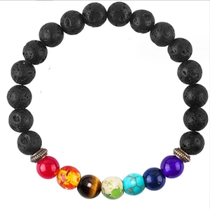 Lava stone chakra bracelet featuring natural 7 color beads and antique spacers