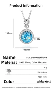 Detailed specs of S925 silver necklace with blue cubic zirconia pendant and measurements