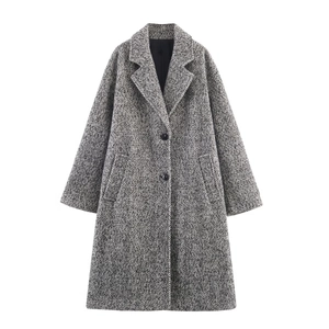 Women's grey herringbone long wool coat with double-breasted design and lapels