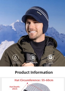 Winter knit hat for men with warm fleece lining, ear protection and size dimensions details