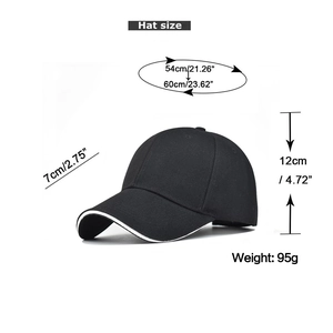 Detailed size chart for solid baseball cap showing 54-60cm head circumference and 7cm brim