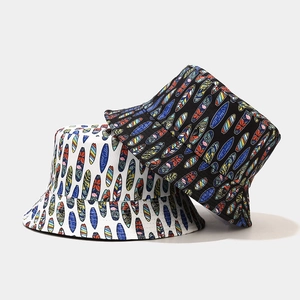 Unisex Bucket Hat Cotton Canvas Reversible Surfboard Ocean Print Summer Beach Outdoor Sun Protection Wide Brim Sunshade
