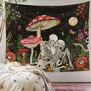 Gothic mushroom tapestry featuring kissing skeletons and moonlit starry night background