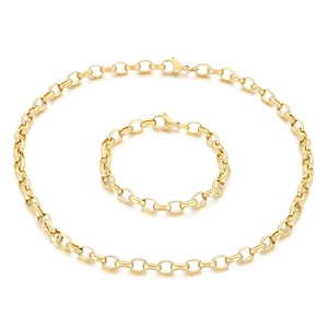 Polished gold stainless steel oval link jewelry set with necklace and bracelet