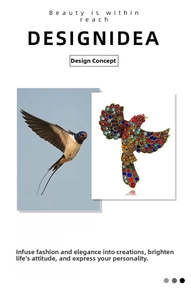 Macro detail of bird brooch showing vibrant multicolored rhinestones on a gold base