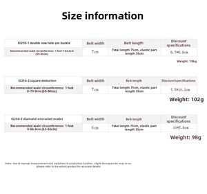 Detailed sizing chart and technical specifications for elastic waist belts for women