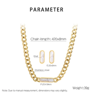 Detailed view of 18K gold plated stainless steel jewelry set with white shell inlays