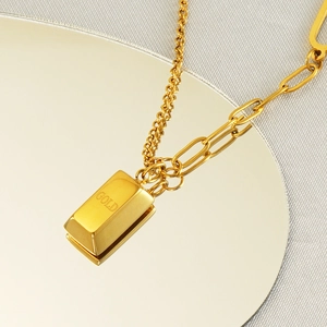 18K gold plated stainless steel necklace featuring a gold bar pendant with GOLD engraving
