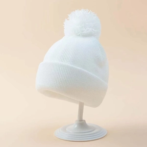 Kids Knit Beanie Hat With Pompom Acrylic Solid Color Warm Winter Outdoor Headwear For Boys And Girls