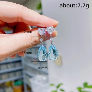 Luxury pear-cut light blue crystal waterdrop earrings with heart-shaped cubic zirconia