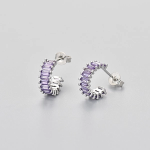 Elegant 925 sterling silver C-shaped hoop earrings with sparkling purple zircon stones