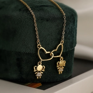 18K gold plated necklace with interlocking hearts and sparkling zircon girl pendants