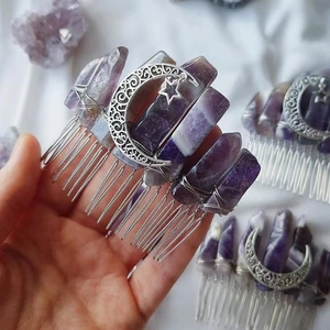 Natural amethyst crystal crown hair comb with silver moon and star metal ornaments