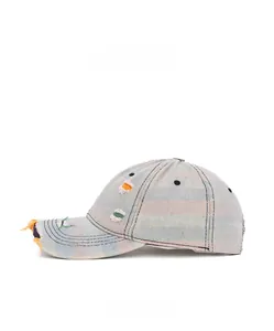 Detailed side view of distressed light blue denim baseball cap with rainbow stitching
