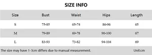 Detailed size chart for sexy bodycon dress showing bust, waist, and hip measurements in cm