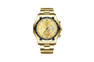 Detailed macro view of the gold-tone tachymeter bezel and chronograph dial on a metal watch