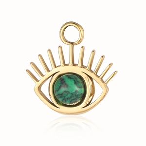 Golden Evil Eye pendant with eyelashes and green natural stone inlay on white background