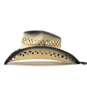 Detail of hand-woven straw cowboy hat featuring hollow mesh and beaded band decor