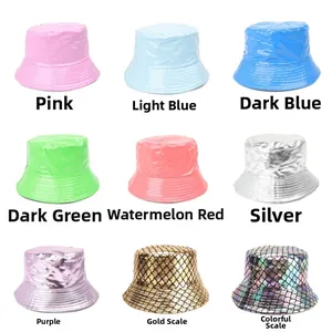 Grid view showcasing various colors and fish scale textures of leather bucket hats