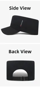 Detail view of adjustable metal buckle and side embroidery on the black army cap