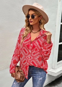 Fashionable red long sleeve blouse with white bohemian print pattern for women