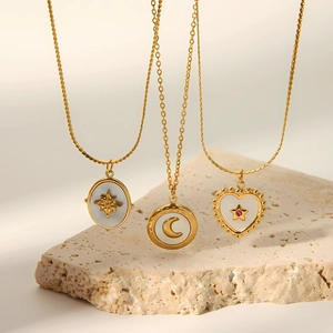 Stainless Steel Pendant Necklace 18K Gold Plated Mother Of Artificial Pearl Moon Star Heart Shape Minimalist Jewelry For Women