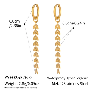 Detailed view of long stainless steel willow leaf earrings with dimension markings