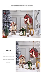 Detail of wooden Christmas birdhouse hanging ornaments with festive snowy scene elements