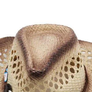 Detail of hand-woven hollow straw hat with western style burnt edges and textures