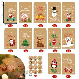 Christmas Kraft Paper Envelope Bags With Stickers Holiday Gift Wrapping For Candy Cookies Greeting Cards Small Pocket