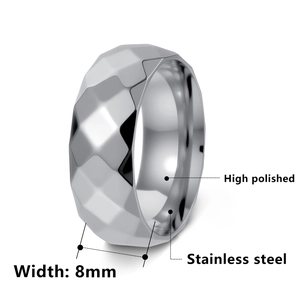 Polished 8mm faceted stainless steel men's ring with a geometric diamond cut design