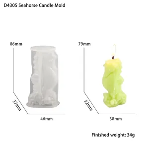 Moule en silicone hippocampe pour bougies avec dimensions et exemple de produit fini