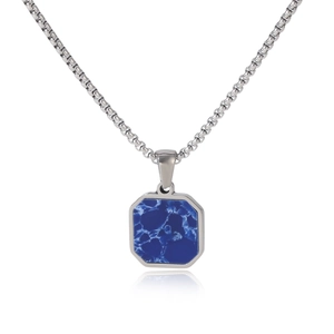 Polished silver stainless steel box chain necklace with a blue marble square pendant