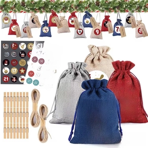 Christmas advent calendar set with 24 linen drawstring bags, wooden clips and jute ropes