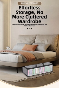 Underbed storage bag detail showing large clear window and sturdy black woven handles