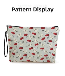 Detailmuster mit Kirschen und Katzen auf grauer Kosmetiktasche aus Canvas mit Zipper