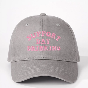Grey cotton baseball cap with pink Support Day Drinking embroidery on white background