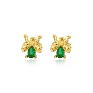 Gold plated beetle stud earrings with green teardrop zircon stones on white background