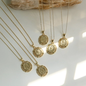 18K gold plated brass vintage coin necklace featuring engraved English letter pendants
