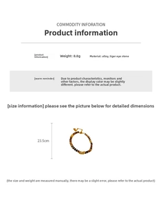 Detail showing tiger eye beaded bracelet specifications, weight 8.8g and length 23.5cm