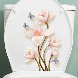 Adesivo Per Sedile WC Fiori E Farfalle PVC Impermeabile Decalcomanie Decorative Per Bagno Casa Effetto 3D Autoadesivo