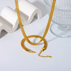 18K gold plated stainless steel mesh woven necklace with adjustable lobster clasp closure