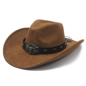Retro brown western cowboy hat with vintage bull head metal buckle and leather band