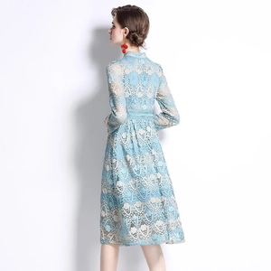 Elegant light blue lace embroidery A-line midi dress with long sleeves and high neckline