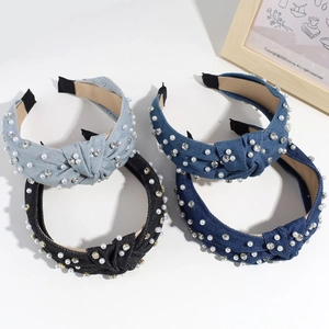 Stilvoller Jeans-Haarreif mit Knoten, verziert mit Kunstperlen und Strass für Damen.