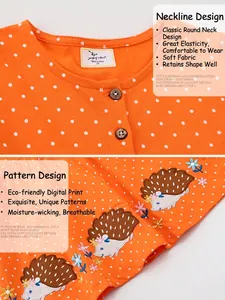 Girls long-sleeve orange polka dot dress with hedgehog and floral embroidery details