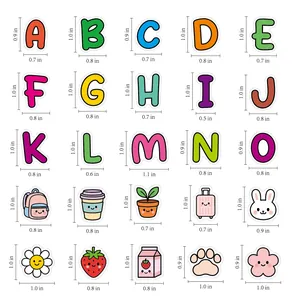 Detailed size chart for waterproof alphabet and cartoon stickers for water bottles