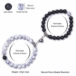 Bracelets magnétiques pour couple en lave et turquoise blanche avec perles de 8mm