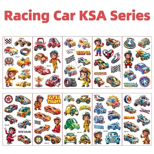 Detail view of 10 colorful waterproof racing car cartoon tattoo stickers for children